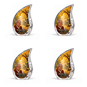 Tree of Life 20 Curved Drop, 4 Keepsake 3 inch Urns: golden ginkgo fan leaves falling through amber sunlight; fictional Ronan Ellery portrait, name and full dates, engraved silver frame.