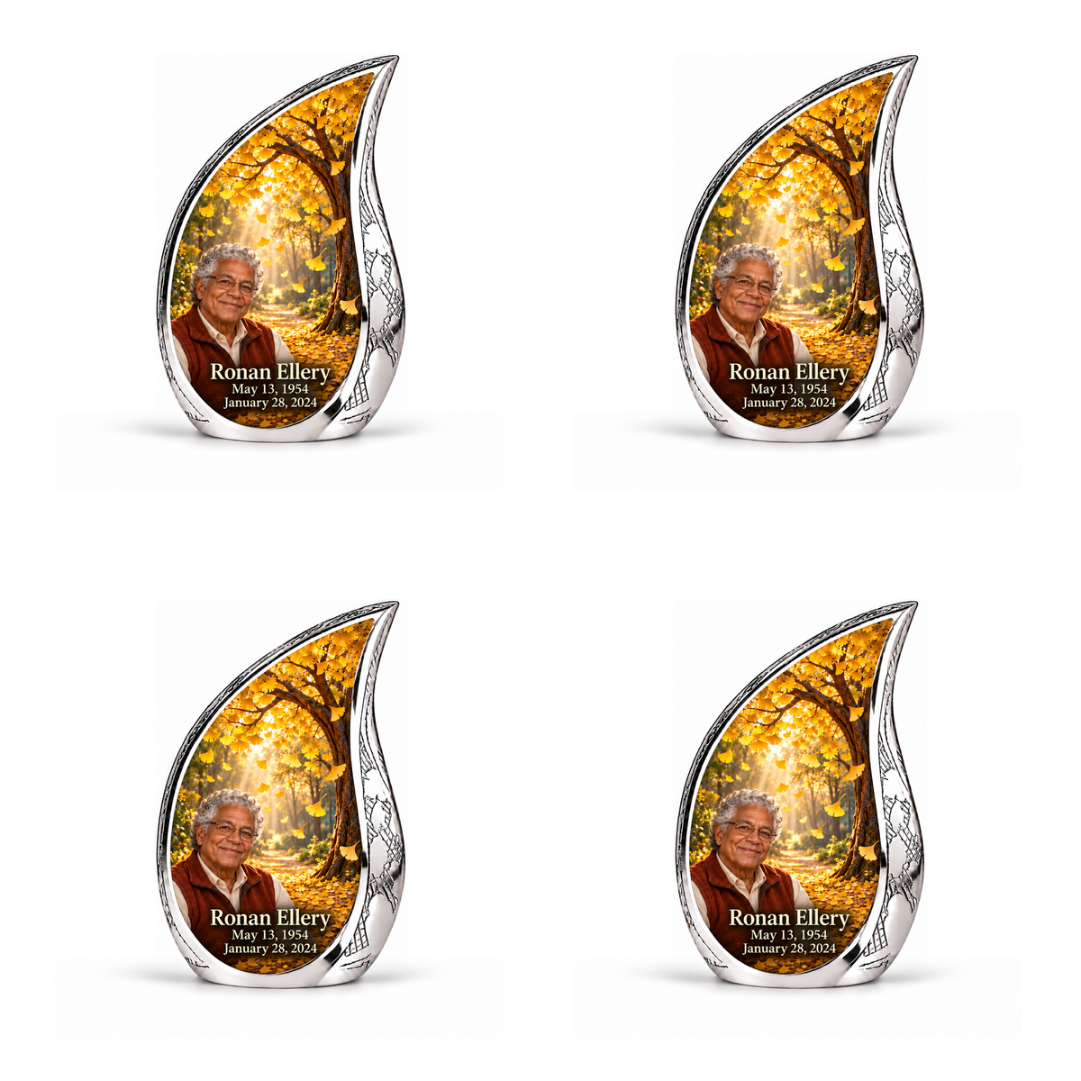Tree of Life 20 Curved Drop, 4 Keepsake 3 inch Urns: golden ginkgo fan leaves falling through amber sunlight; fictional Ronan Ellery portrait, name and full dates, engraved silver frame.