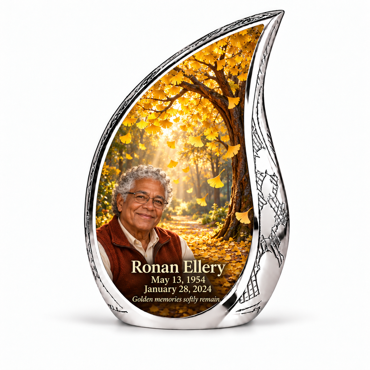 Tree of Life 20 Curved Drop, 10 inch large Urn: golden ginkgo fan leaves falling through amber sunlight; fictional Ronan Ellery portrait, name and full dates, engraved silver frame.