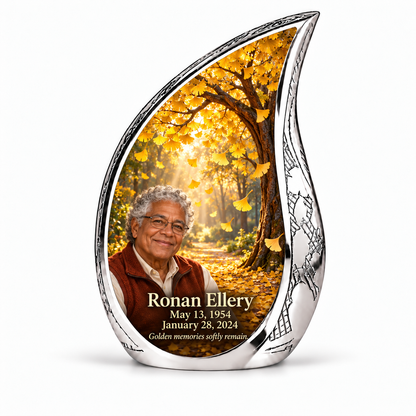 Tree of Life 20 Curved Drop, 10 inch large Urn: golden ginkgo fan leaves falling through amber sunlight; fictional Ronan Ellery portrait, name and full dates, engraved silver frame.