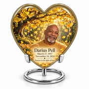Tree of Life 20 Heart large urn with golden ginkgo fan leaves, falling gold leaves, fictional Darius Pell portrait, March 27, 1957 and November 14, 2024, a remembrance quote and complete silver ring stand.