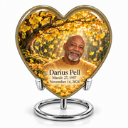 Tree of Life 20 single Heart keepsake with golden ginkgo leaves, fictional Darius Pell portrait, name and full dates, without quote, on a complete silver ring stand.