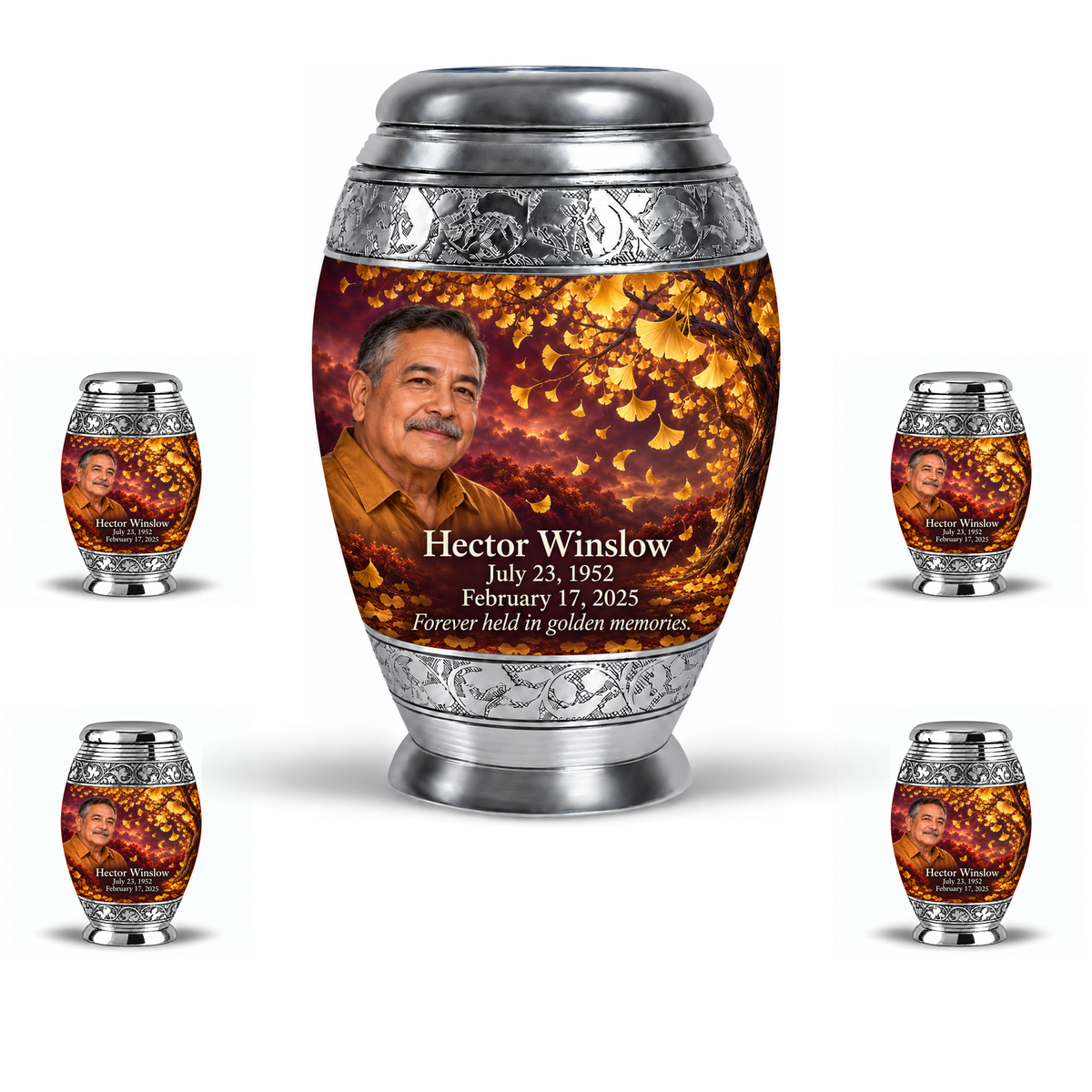 One 10-inch large urn with four matching 3-inch keepsakes, Monar golden-ginkgo fan-leaf design with fictional Hector Winslow portrait, name and full memorial dates on white background.