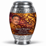 One 10-inch large urn, Monar golden-ginkgo fan-leaf design with fictional Hector Winslow portrait, name and full memorial dates on white background.