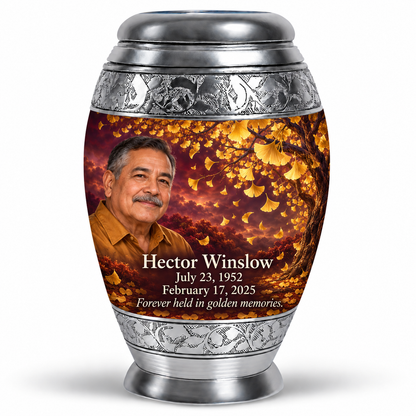 One 10-inch large urn, Monar golden-ginkgo fan-leaf design with fictional Hector Winslow portrait, name and full memorial dates on white background.