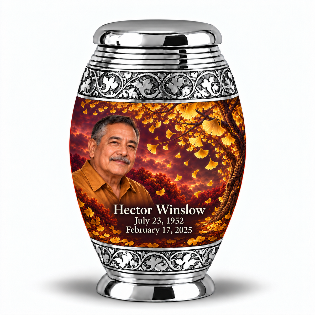 One 3-inch keepsake, Monar golden-ginkgo fan-leaf design with fictional Hector Winslow portrait, name and full memorial dates on white background.