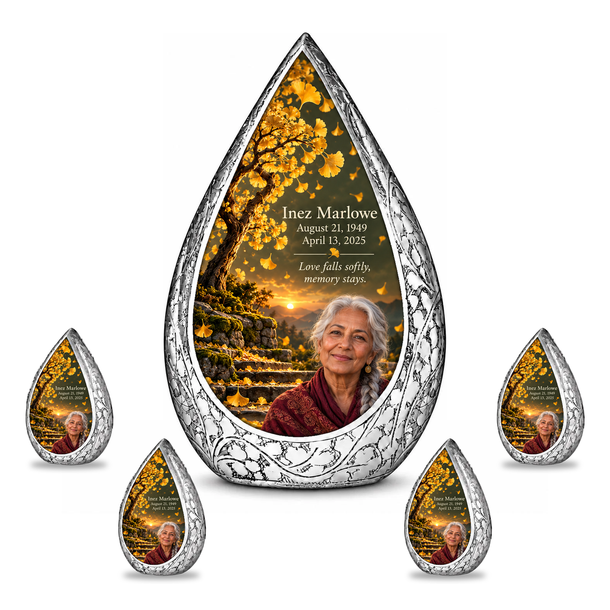 Tree of Life 20 Straight Drop, 10 inch large Urn with 4 Keepsake 3 Inch Urns: original engraved silver surrounding golden ginkgo fan leaves, olive dusk sky and mossy stone steps, with fictional Inez Marlowe portrait, name and full dates.