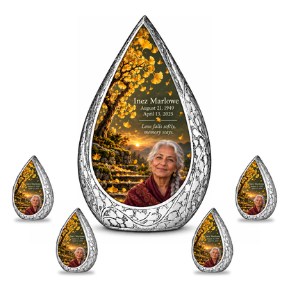 Tree of Life 20 Straight Drop, 10 inch large Urn with 4 Keepsake 3 Inch Urns: original engraved silver surrounding golden ginkgo fan leaves, olive dusk sky and mossy stone steps, with fictional Inez Marlowe portrait, name and full dates.