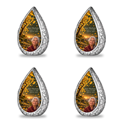 Tree of Life 20 Straight Drop, 4 Keepsake 3 inch Urns: original engraved silver surrounding golden ginkgo fan leaves, olive dusk sky and mossy stone steps, with fictional Inez Marlowe portrait, name and full dates.
