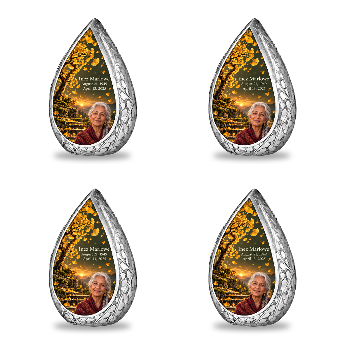 Tree of Life 20 Straight Drop, 4 Keepsake 3 inch Urns: original engraved silver surrounding golden ginkgo fan leaves, olive dusk sky and mossy stone steps, with fictional Inez Marlowe portrait, name and full dates.