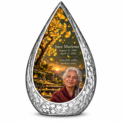 Tree of Life 20 Straight Drop, 10 inch large Urn: original engraved silver surrounding golden ginkgo fan leaves, olive dusk sky and mossy stone steps, with fictional Inez Marlowe portrait, name and full dates.