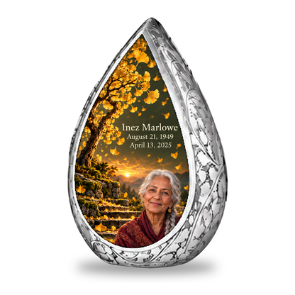 Tree of Life 20 Straight Drop, 1 Keepsake 3 inch Urn: original engraved silver surrounding golden ginkgo fan leaves, olive dusk sky and mossy stone steps, with fictional Inez Marlowe portrait, name and full dates.