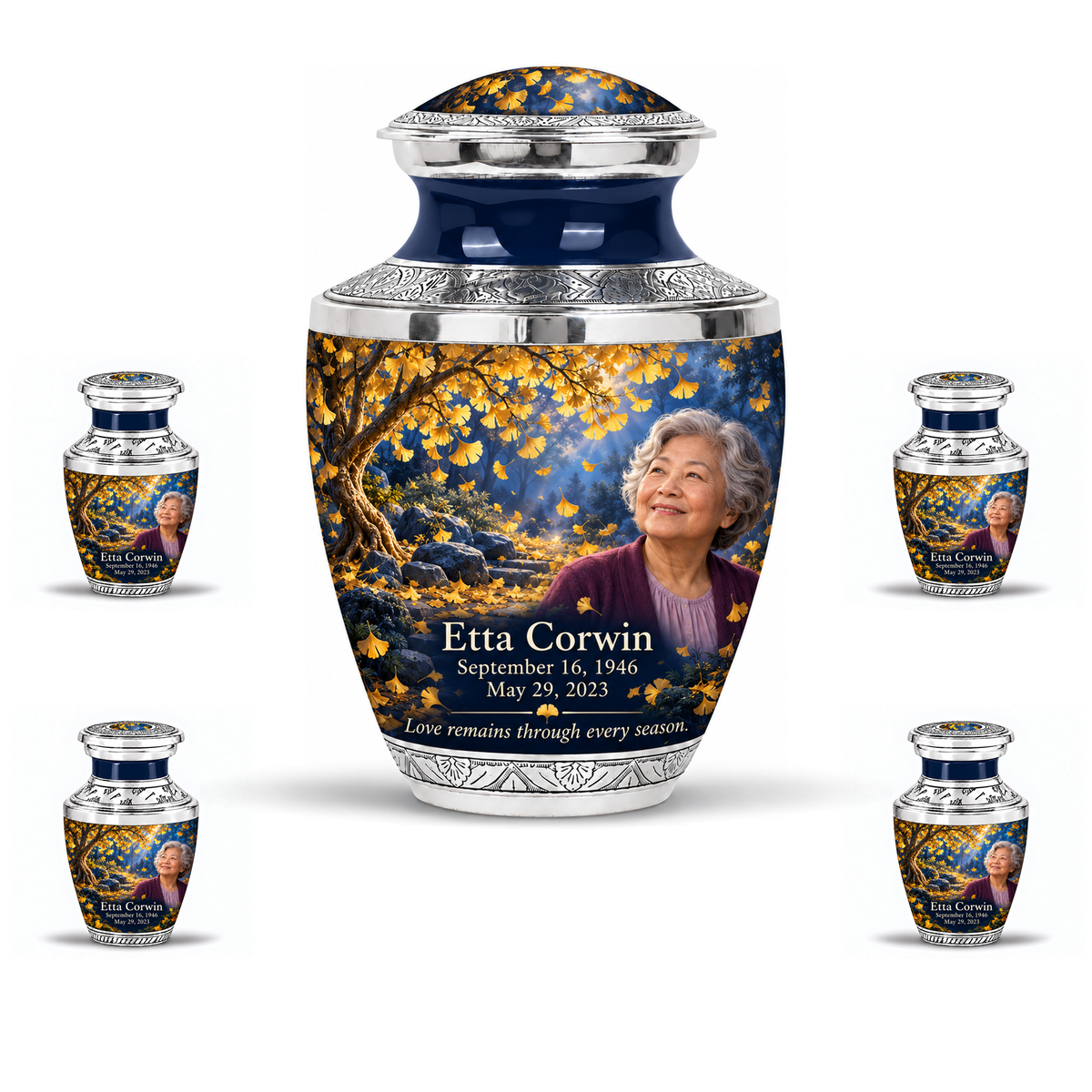 One 10-inch large urn with four matching 3-inch keepsakes, Tasty golden-ginkgo fan-leaf design with fictional Etta Corwin portrait, name and full memorial dates on white background.