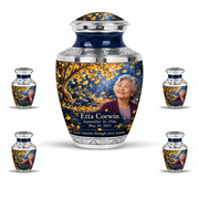 One 10-inch large urn with four matching 3-inch keepsakes, Tasty golden-ginkgo fan-leaf design with fictional Etta Corwin portrait, name and full memorial dates on white background.