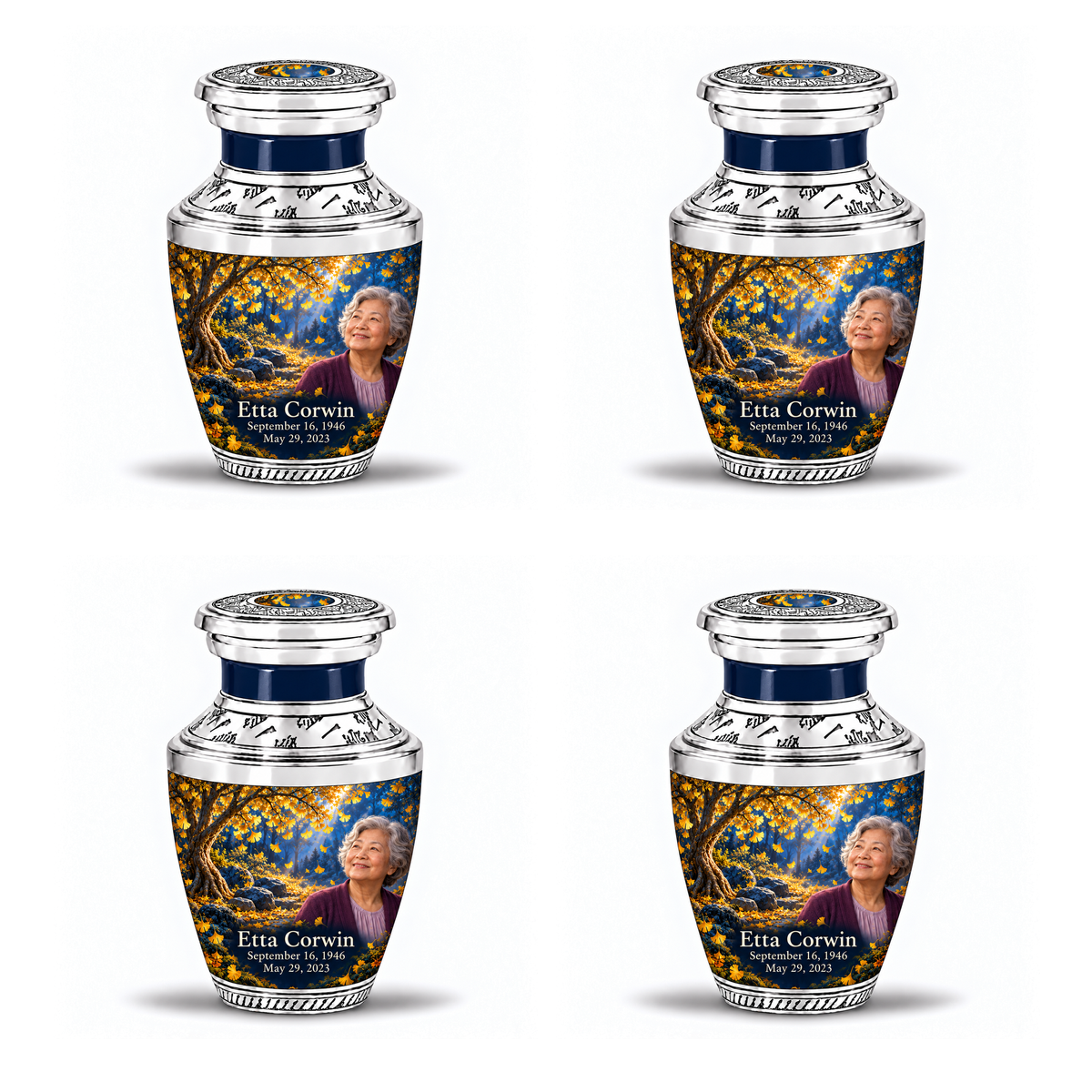 Four identical 3-inch keepsakes, Tasty golden-ginkgo fan-leaf design with fictional Etta Corwin portrait, name and full memorial dates on white background.