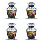 Four identical 3-inch keepsakes, Tasty golden-ginkgo fan-leaf design with fictional Etta Corwin portrait, name and full memorial dates on white background.