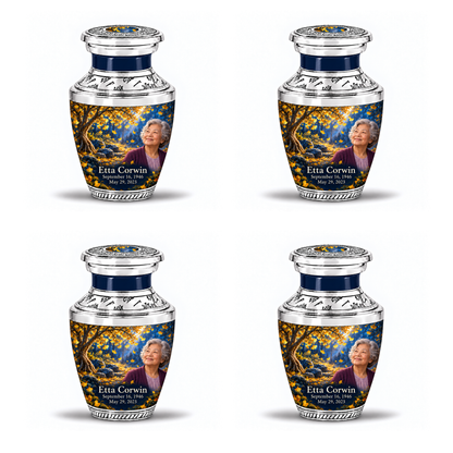 Four identical 3-inch keepsakes, Tasty golden-ginkgo fan-leaf design with fictional Etta Corwin portrait, name and full memorial dates on white background.