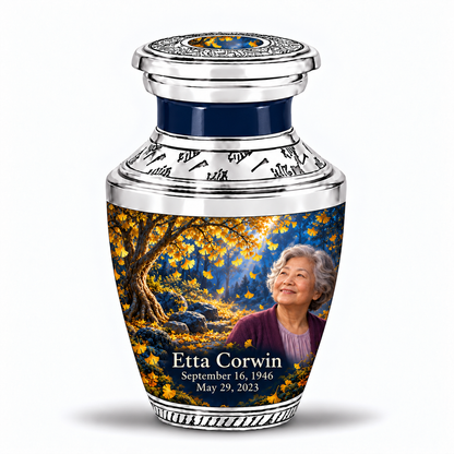 One 3-inch keepsake, Tasty golden-ginkgo fan-leaf design with fictional Etta Corwin portrait, name and full memorial dates on white background.